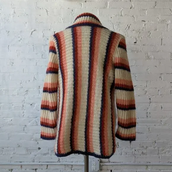 70s Vintage Knit Striped Sweater Stripes Wool Cardigan Earthy Cottage Top Medium - Picture 5 of 6